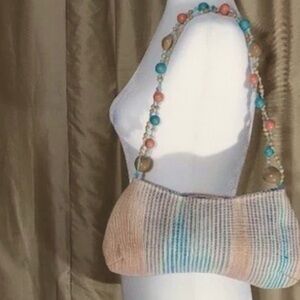 NWOT Woven Cotton Stripe Shoulder Bag boho Wood bead Strap Peach, Blue, Tan Pink